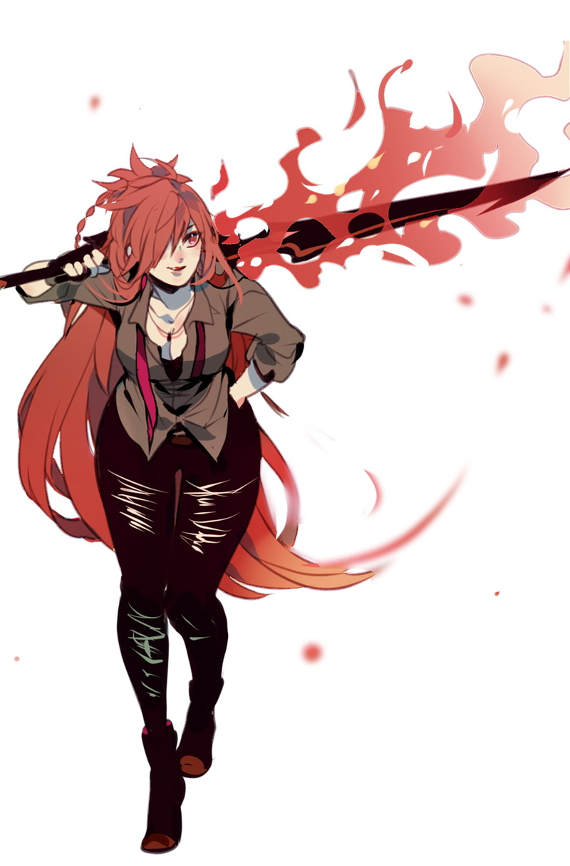 720P, fire, anime girls, simple background, redhead, anime, long hair, Elsword, sword, Elesis (Elsword), KiO
