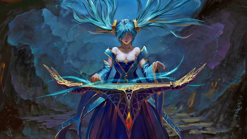 blue hair, musical instrument, cave, fantasy art, League of Legends, piano, etwahl, 1080P, Sona (League of Legends), anime