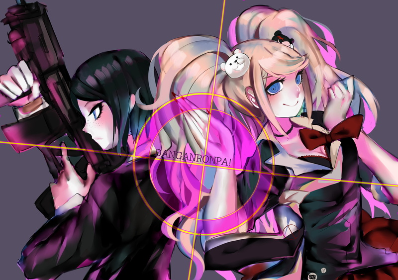 anime girls, digital art, junko enoshima, gun, Danganronpa: Trigger Happy Havoc, Danganronpa, artwork, Mukuro Ikusaba, freckles, 2D, twintails, twins, 5K
