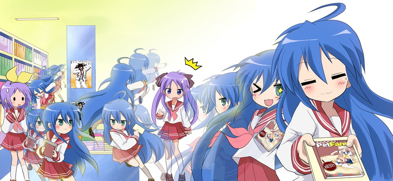 blue, portrait, standing, group of people, people, sunlight, anime girls, Lucky Star, togetherness, clothing, Hiiragi Kagami, nature, front view, day, long hair