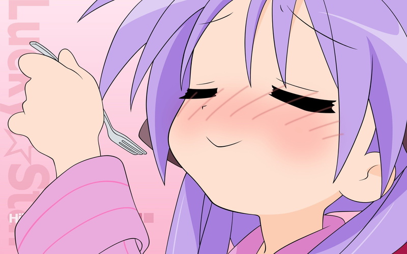 Lucky Star, fork, purple, pink color, design, blue, no people, art and craft, blushing, outdoors, anime girls, full frame, Hiiragi Kagami, hairstyle, day