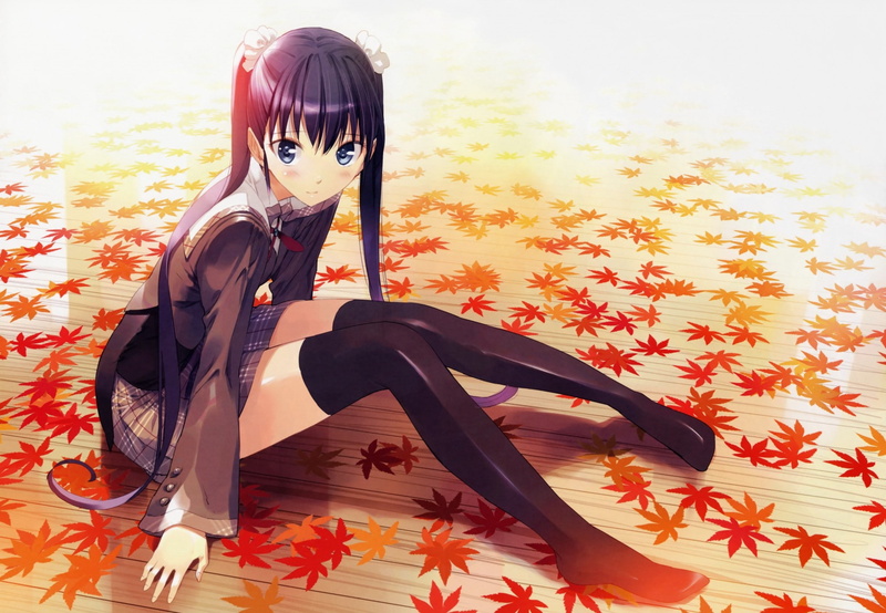 leisure activity, looking at camera, anime, home interior, Ando Saya, fashion, hairstyle, costume, leaves, School Uniform, young adult, indoors, beautiful woman