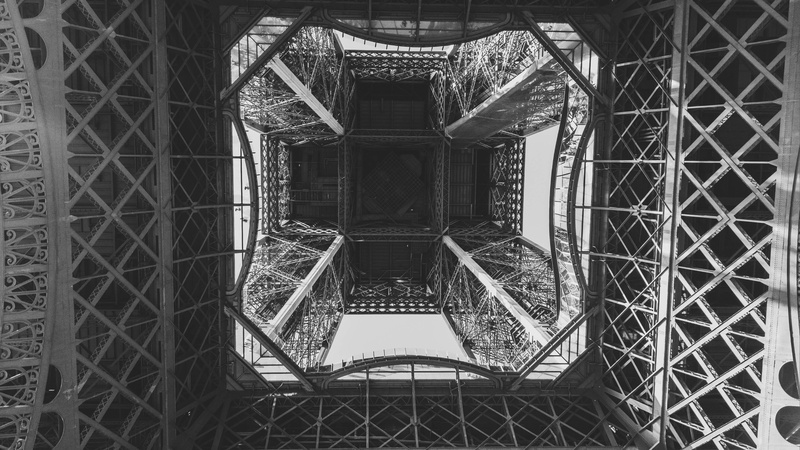 metal, staircase, day, architectural feature, black, structure, no people, eiffel, directly below, history, paris, ornate, travel destinations, design
