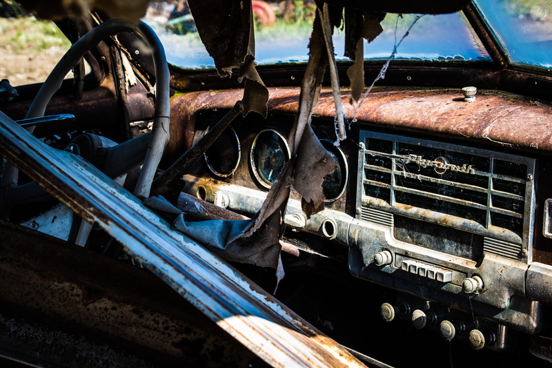 antique, run-down, 5K, abandoned, no people, plymouth, obsolete, track, retro styled, wheel, day, eight-track cassette player, mode of transportation