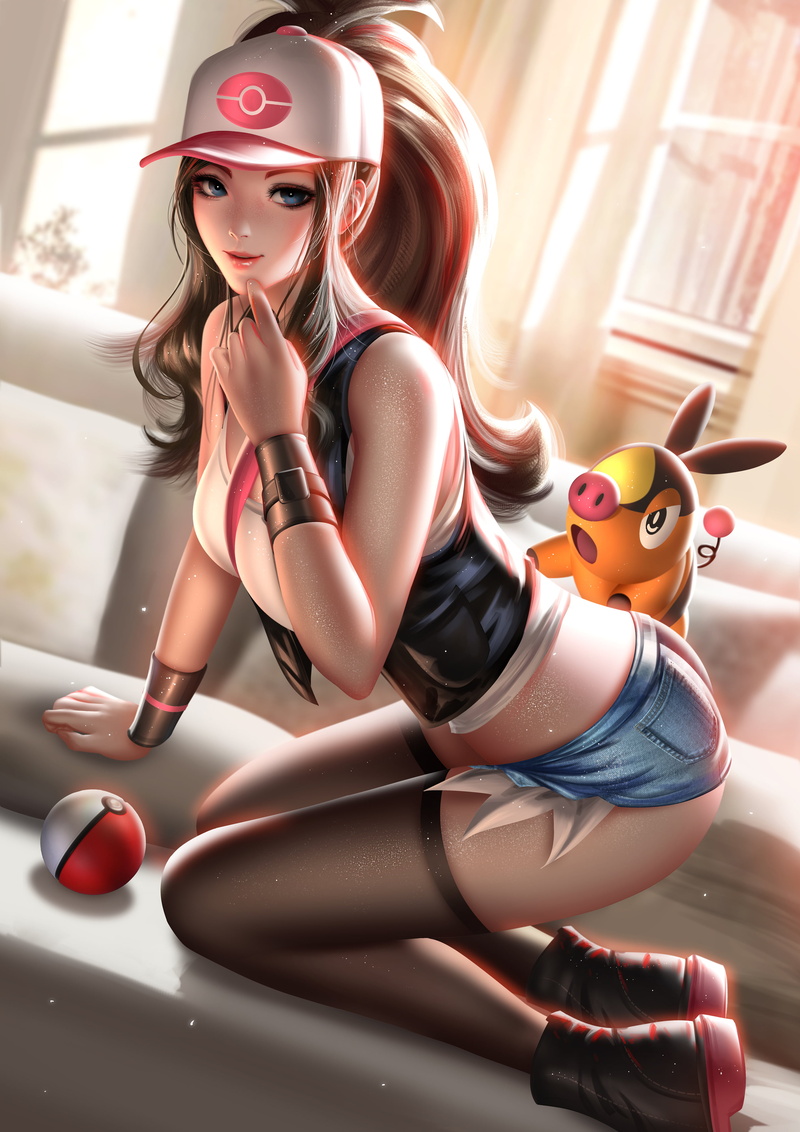 Liang-Xing, anime, 4K, anime girls, fantasy girl, artwork, brunette, illustration, Pokémon, Hilda (pokemon), shorts, drawing, looking at viewer, top, digital art