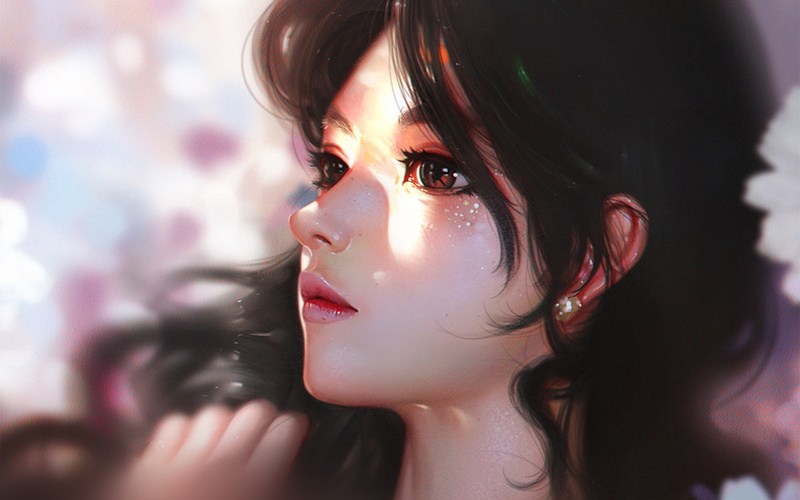 brown hair, lipstick, girl, illustration, body part, indoors, close-up, one person, beautiful woman, portrait, make-up, liang, looking, young adult, cute