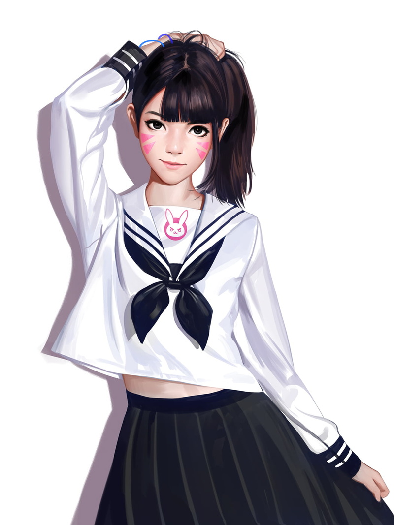 720P, brunette, face paint, skirt, women, Liang-Xing, holding hair, schoolgirl, simple background, drawing, Overwatch, D.Va (Overwatch)