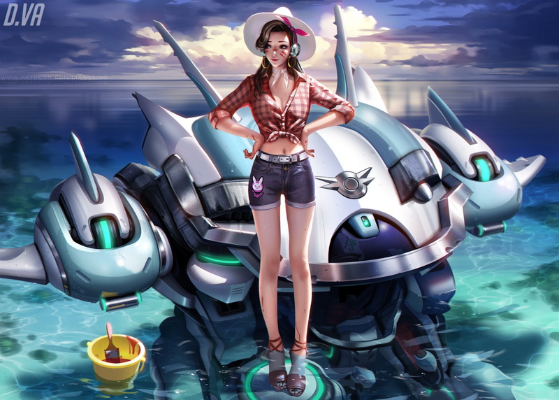 liang, headphones, com, hair, watermark, shorts, clouds, 1080P, xing, overwatch, konachan, hat, water, brown, 246460, navel, long, sky, mecha