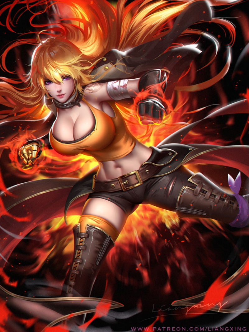 sportwear, thigh-highs, gloves, fist, 720P, redhead, Yang Xiao Long, drawing, shorts, spell, long hair, fire, Liang-Xing, tank top, choker, bandage, RWBY