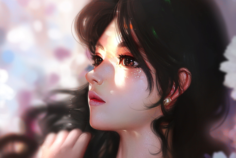 women, brown eyes, closeup, original characters, digital art, brunette, Liang-Xing, 2K, illustration, bokeh, face, artwork, drawing