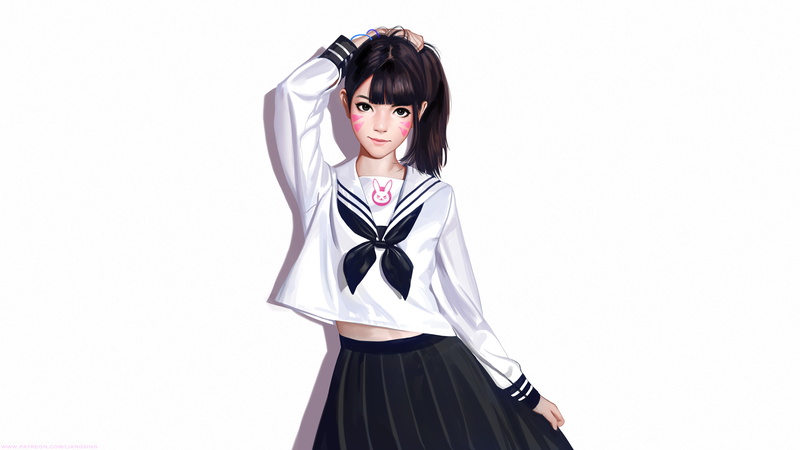 artwork, school uniform, Liang-Xing, looking at viewer, portrait, fan art, Overwatch, drawing, video game girls, simple background, white background, illustration