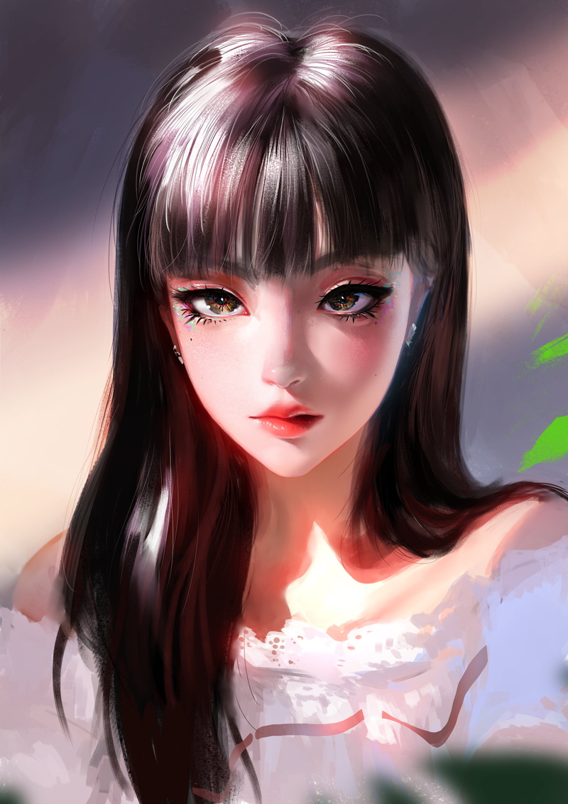 illustration, portrait display, 2D, looking at viewer, bare shoulders, women, vertical, 2K, brunette, original characters, artwork, bangs, face, drawing