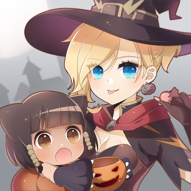 witch, blue eyes, blonde, short hair, 720P, Mercy (Overwatch), anime, brunette, Pharah (Overwatch), witch hat, anime girls, open shirt, Halloween, Overwatch