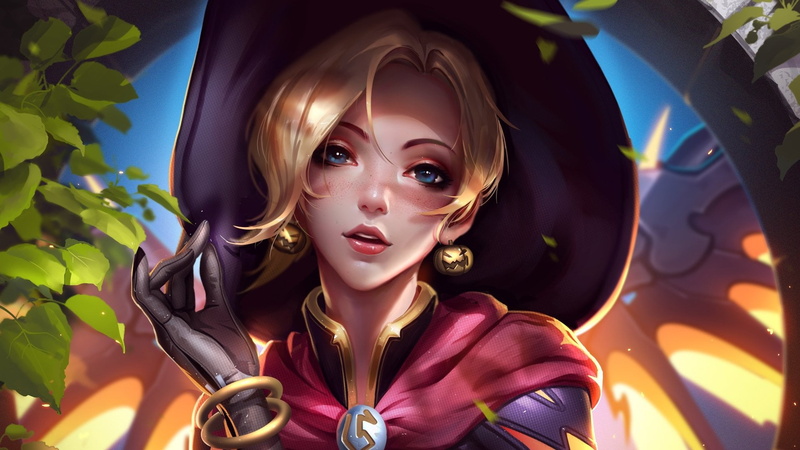 Mercy (Overwatch), indoors, beauty, plant, beautiful woman, Witch, fashion, 1080P, young women, make-up, Video Game, nature, women, young adult, one person