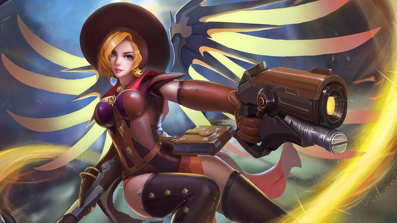 Thighs, gun, 1080P, highs, digital art, artwork, Overwatch, wings, video games, Witch Mercy, thigh, Mercy (Overwatch), halloween