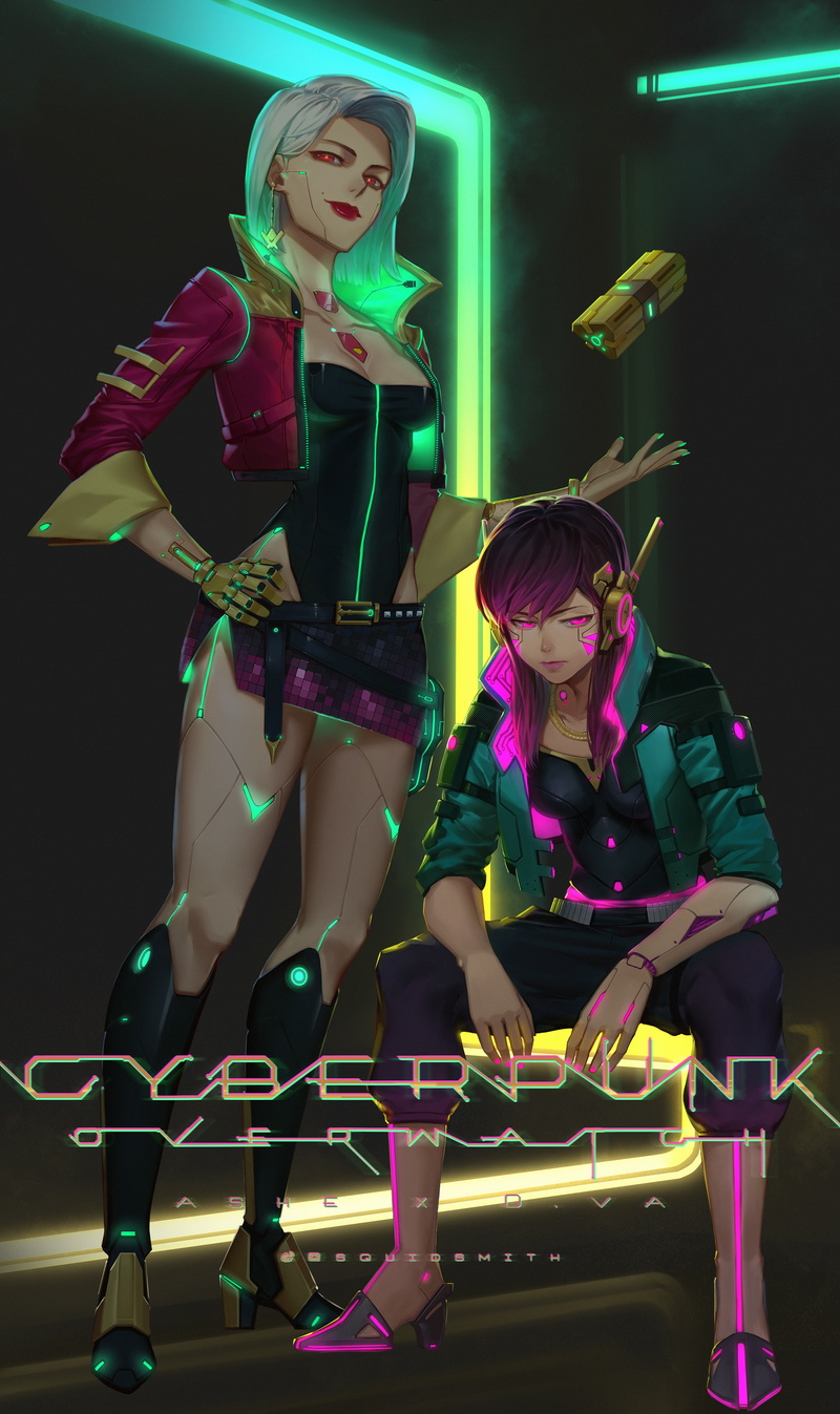 Overwatch, Ash (Overwatch), artwork, cyberpunk, video game art, digital art, 4K, D.Va (Overwatch)