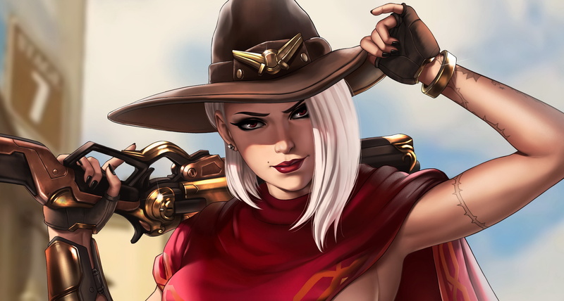 2K, Lipstick, Ashe (Overwatch), Overwatch, Hat, White Hair, Woman Warrior, Video Game