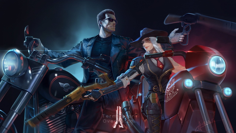 anime girls, PC gaming, Overwatch, motorcycle, 1080P, crossover, Terminator, vehicle, anime, Ashe (Overwatch), cyborg