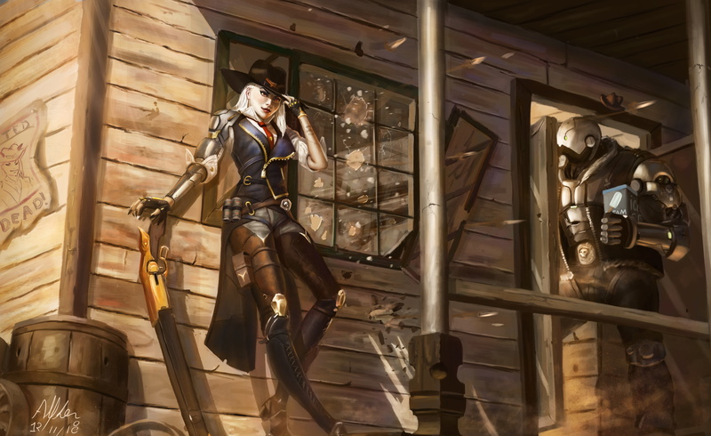 robot, shootout, the gun, overwatch, 8K, hat, girl, ashe, bob, elizabeth caledonia
