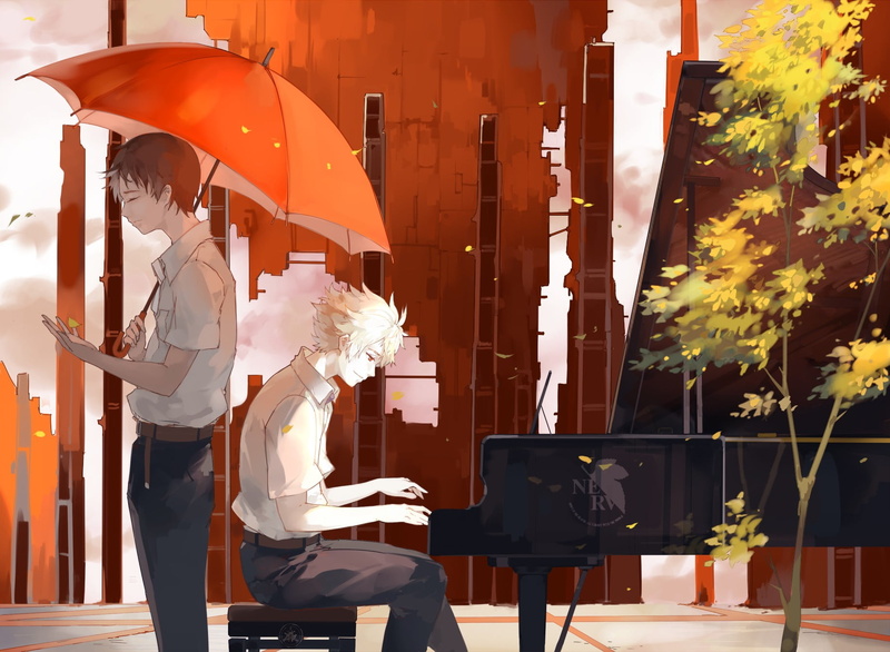 Neon Genesis Evangelion, men, nature, umbrella, built structure, day, playing, two people, real people, 720P, architecture, standing, outdoors, male, anime
