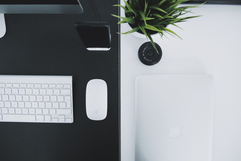 computer, workspace, connection, plant, table, white, pro, imac, black, wireless technology, communication, leaf, iphone, no people, directly above, technology