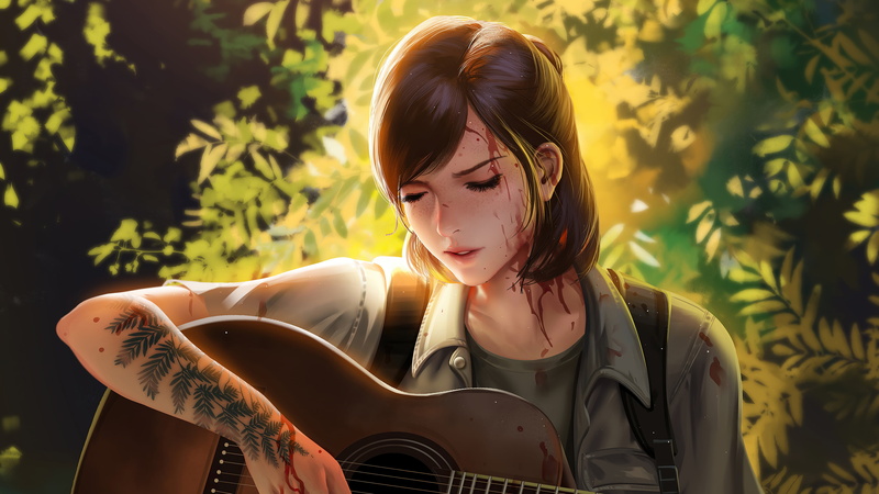 Ellie Williams, video game characters, closed eyes, guitar, 4K, fan art, artwork, video game girls, tattoo, digital painting, video games, The Last of Us