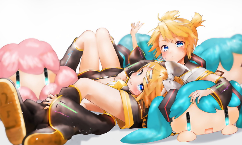 Celeste, light blue, Japanese characters, rosa, amarillo, yellow, Vocaloid, 720P, blue eyes, anime girls, azul, Hatsune Miku, music, Megurine Luka, anime boys