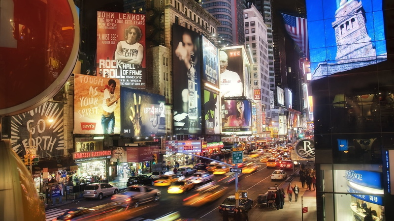 new York State, movement, road Intersection, the evening, motor vehicle, manhattan - New York City, mode of transportation, white, billboard, midtown Manhattan