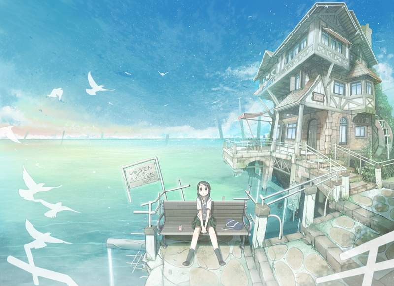 travel, anime, sky, built structure, building exterior, no people, outdoors, staircase, holiday, day, travel destinations, digital composite, glass - material