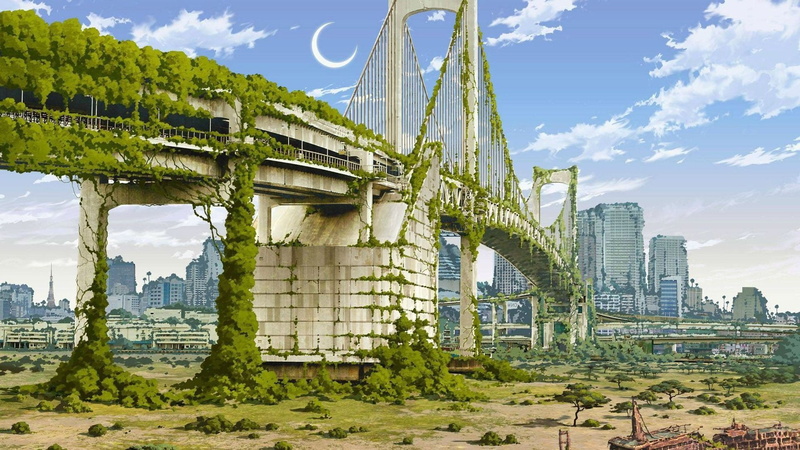 artwork, apocalyptic, fantasy art, nature, 1080P, Japan, anime, city