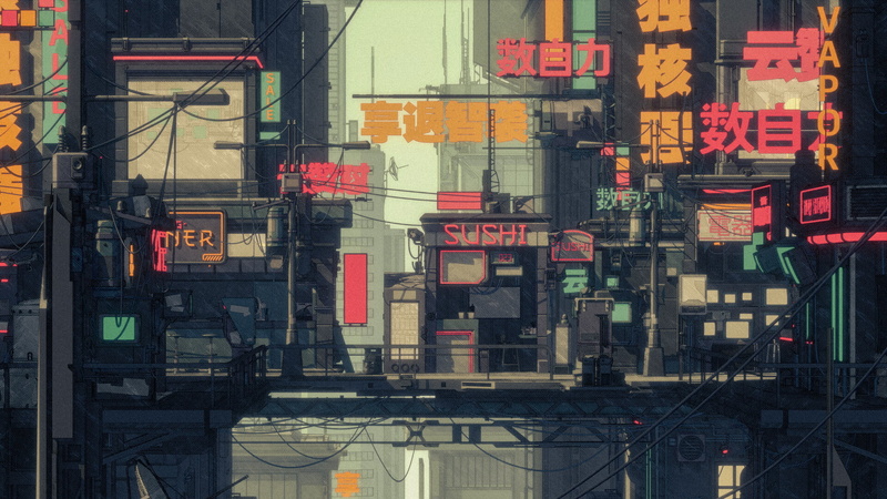 anime, digital art, futuristic, cyberpunk, illustration, city, 1080P, urban, Japan, advertisements, lights, building, science fiction