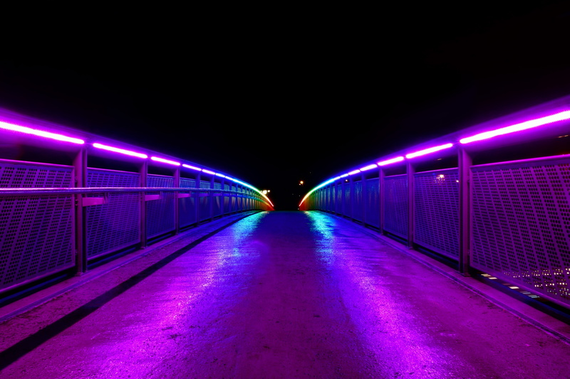 light - Natural Phenomenon, electric Lamp, urban Scene, empty, gray, street, dusk, night, metal, bridge, fluorescent light, diminishing Perspective, glowing