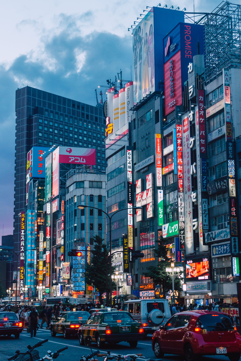 red, street, lights, motor vehicle, night, blue, skyscraper, car, cars, illuminated, building, architecture, tokyo, road, japan, office building exterior