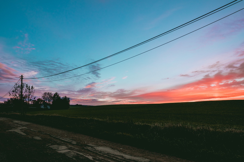 red, tranquil scene, cozy, power line, 5K, winter, plant, no people, electricity pylon, sky, beauty in nature, telephone line, field, power supply