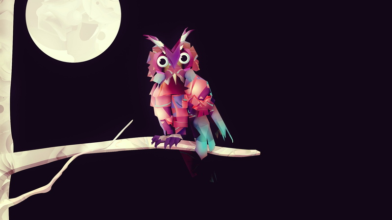 night, Simple Background, 2K, animals, Low Poly, Trees, Moon, branch, owl, birds