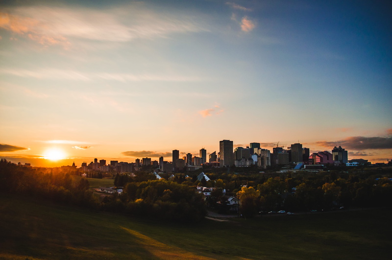 tree, canada, nature, sunset, beauty in nature, yellow, no people, building exterior, architecture, building, edmonton, cloud - sky, 4K, trees, office building exterior
