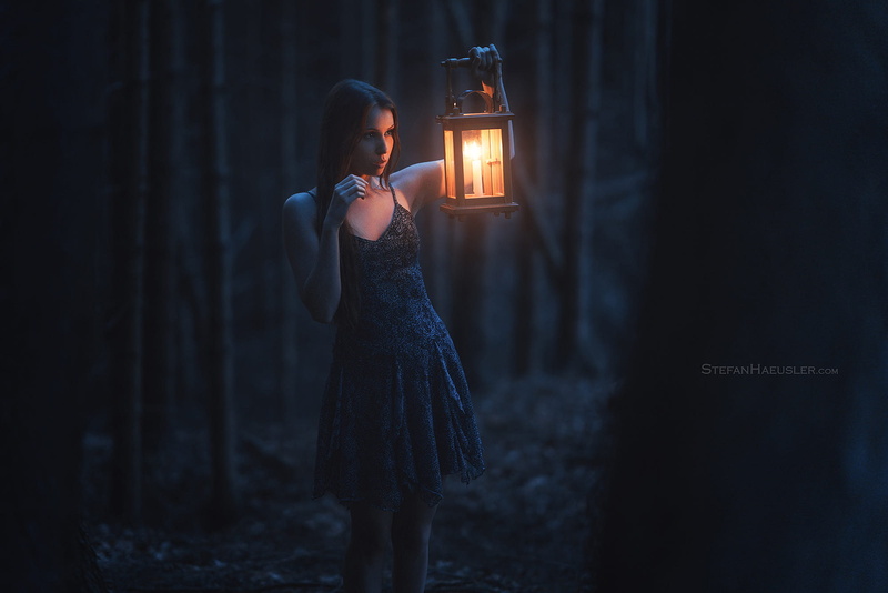 trees, dress, adult, brunette, lighting equipment, burning, 1080P, dark, Stefan Häusler, standing, three quarter length, side view, night, young adult