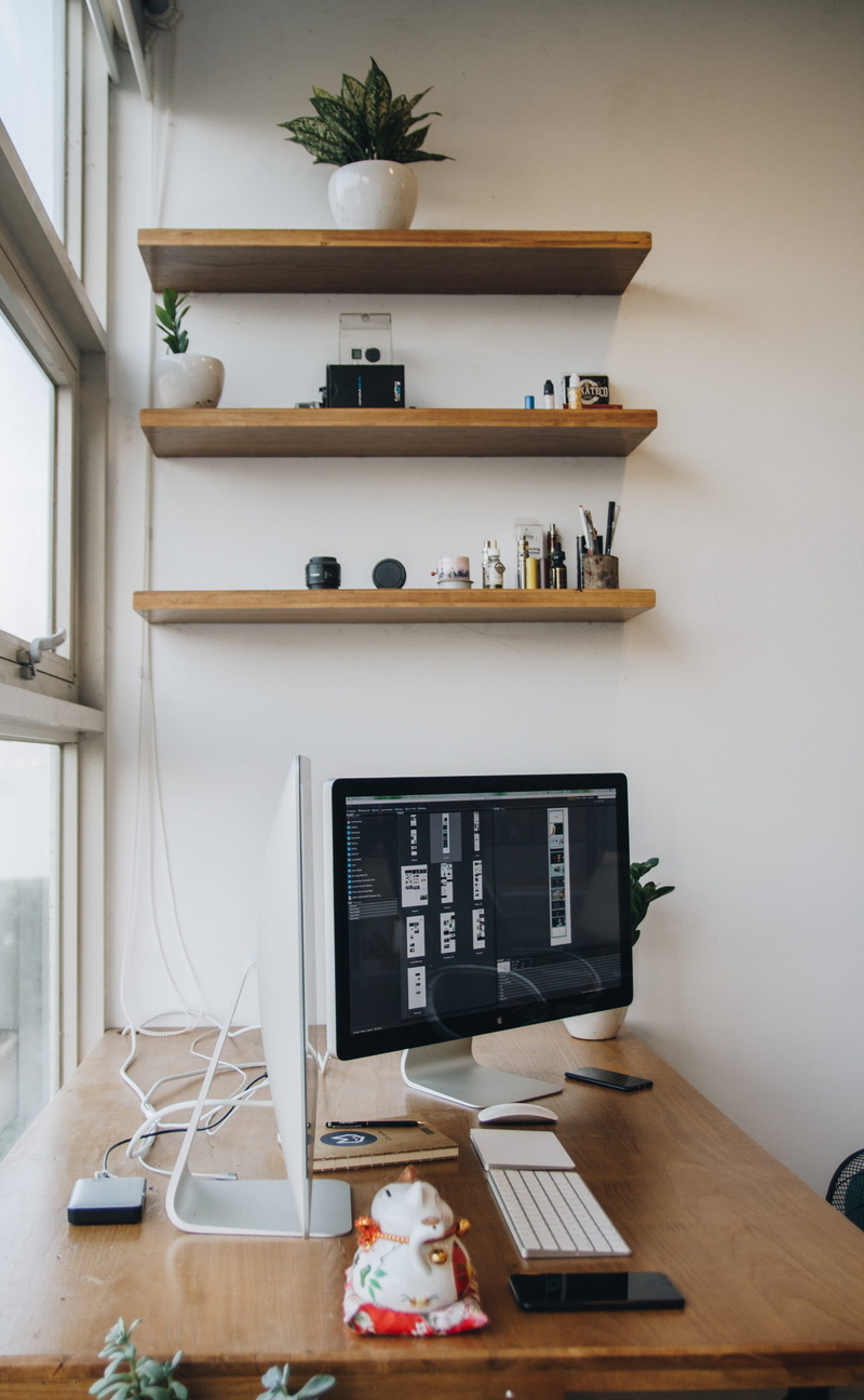 connection, no people, work space, 4K, imac, computers, keyboard, computer keyboard, shelves, home interior, technology, mouse, monitors, potted plant