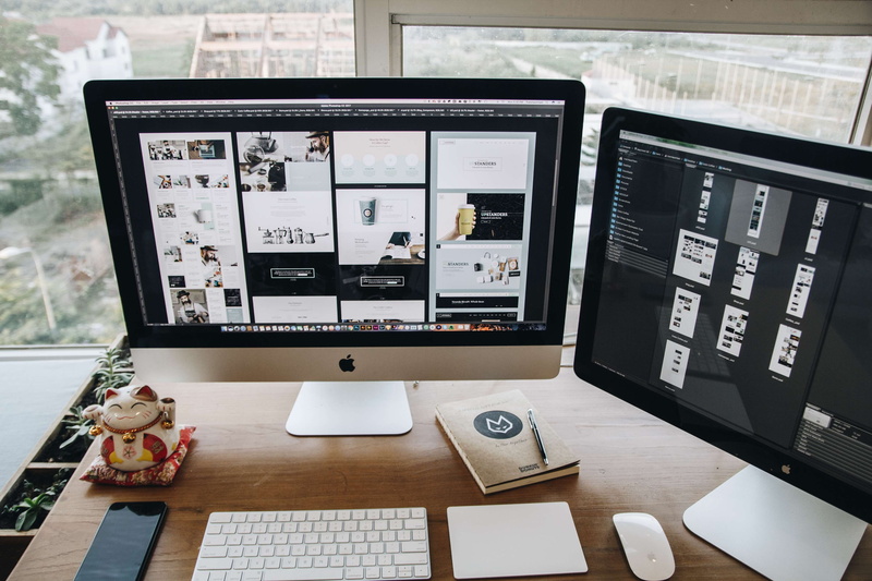 communication, high angle view, mouse, screens, table, business, workplace, indoors, computer, wood - material, imac, furniture, technology, device screen
