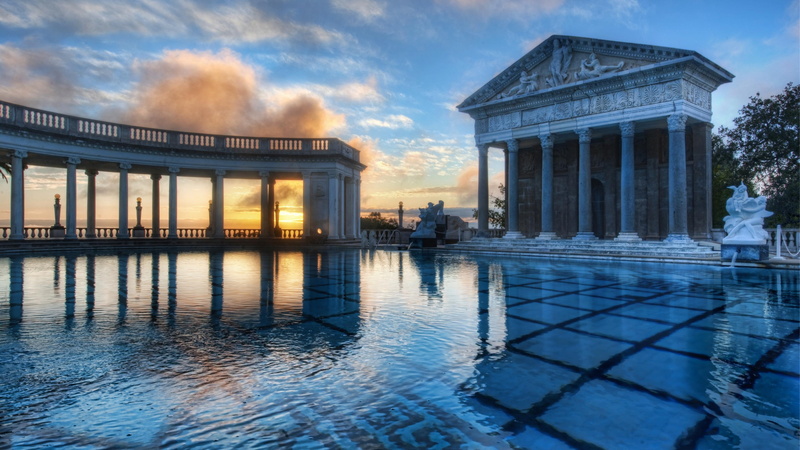 outdoor, morning, tourist attraction, pool, 4K, mansion, castle, hearst castle, california, reflection, san simeon, reflecting pool, neptune pool, estate
