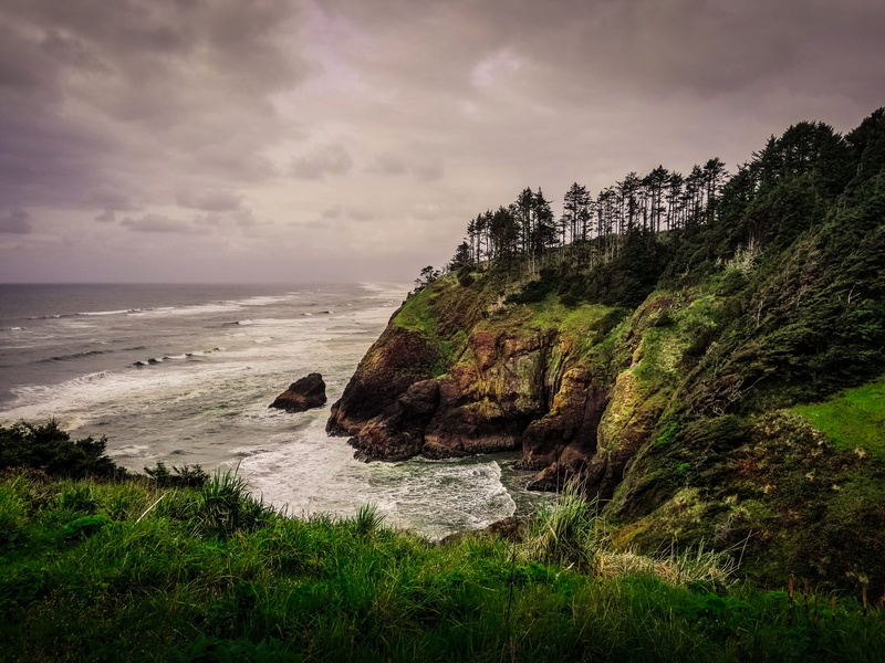 green, day, north head lighthouse road, cloudy, coast, non-urban scene, horizon, ilwaco, beauty in nature, beside, ocean, land, tree, sea, tranquil scene