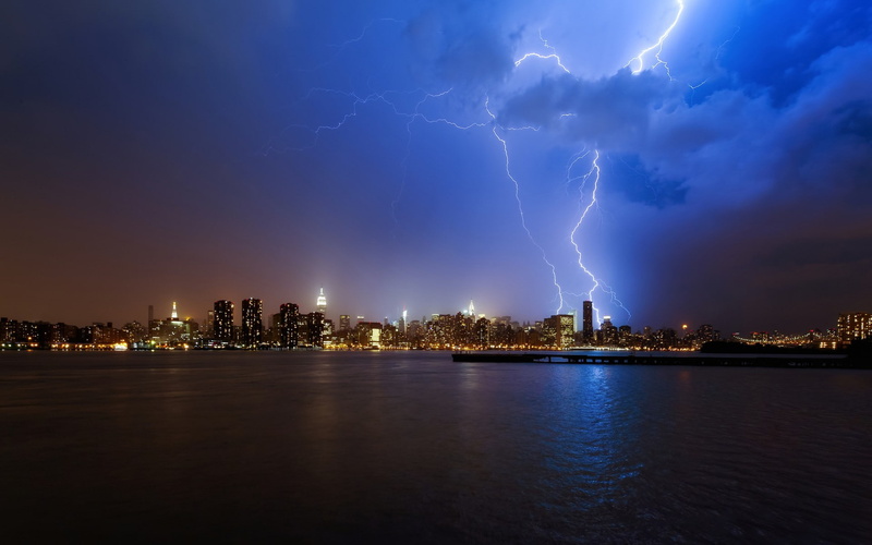 lightning, skyscrapers, lights, sky, nature, cityscapes, buildings, clouds, architecture, 1080P, storm, cities, night, scenic, hdr, photograqphy