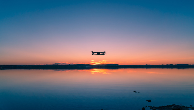 mavic, reflection, nature, dji, on the move, mid-air, orange color, water, landscape, airplane, flying, air vehicle, sunset, beauty in nature, blue, body