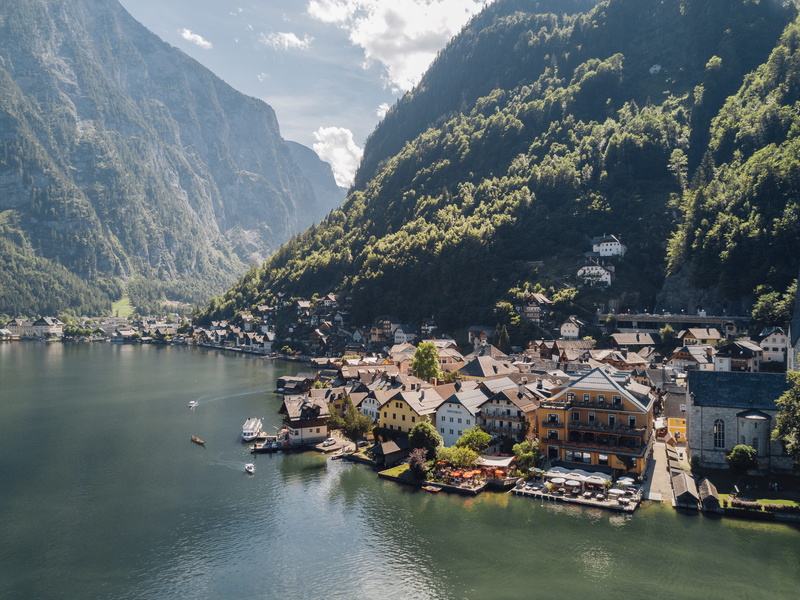 travel, water, scenics - nature, hallstatt, wanderlust, plant, mountain range, architecture, mountain, building exterior, aerial, dji, nomad, tranquility