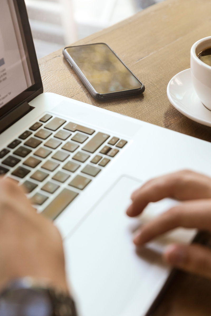 people, man, 5K, food, table, macbook, connection, human hand, mobile phone, close-up, human body part, using laptop, trackpad, technology, touch, computer equipment