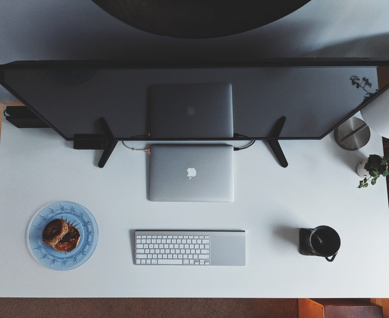 tea, desk setup, cup, computer mouse, silver, communication, still life, apple, food and drink, top down, magic trackpad, indoors, coffee - drink, magic