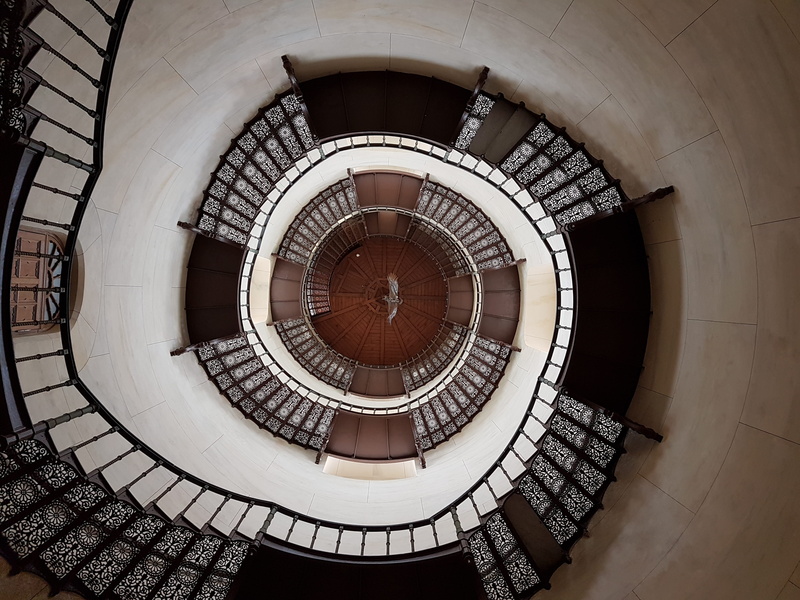 stairs, swirl, railing, no people, built structure, photography, full frame, diminishing perspective, indoors, step, view, worm, shape, castle, black, geometric shape