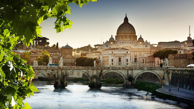 dome, trees, Rome, city, cityscape, bridge - man made structure, sunlight, 1080P, white, sky, nature, outdoors, travel destinations, no people, river