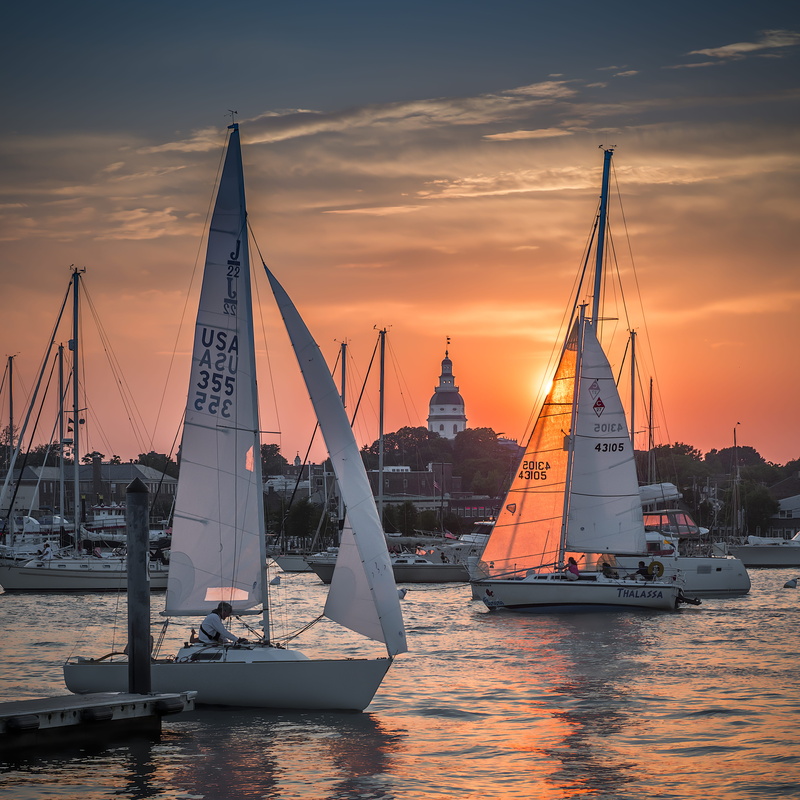 no people, architecture, yacht, 8K, sea, sailing, city, annapolis, nature, nautical vessel, mast, united states, river, sunset, pole, sailboat, orange color