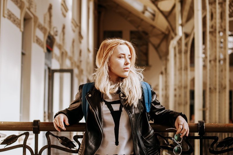 model, architectural column, pretty, leaning, pose, riding, beauty, hand, 4K, lifestyles, rail, young women, hairstyle, hair, day, wear, one person, outdoors